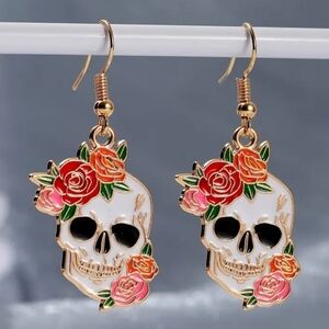 Floral Roses Sugar Skull Goth Punk Dangle Drop Womens Earrings with Gold Accents